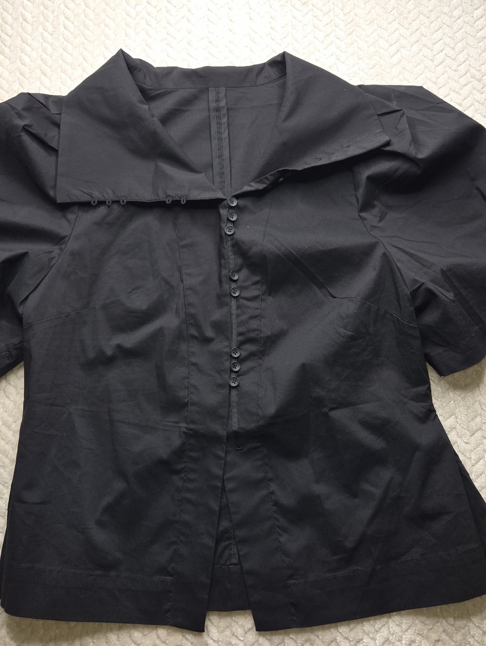 S.DEER Black Puff Sleeve Oversized Collar Button Up Blouse Large NWT
